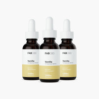 Front-facing trio of FAB CBD CBD Oil vanilla bottles with white droppers and pale yellow labels on a white background.