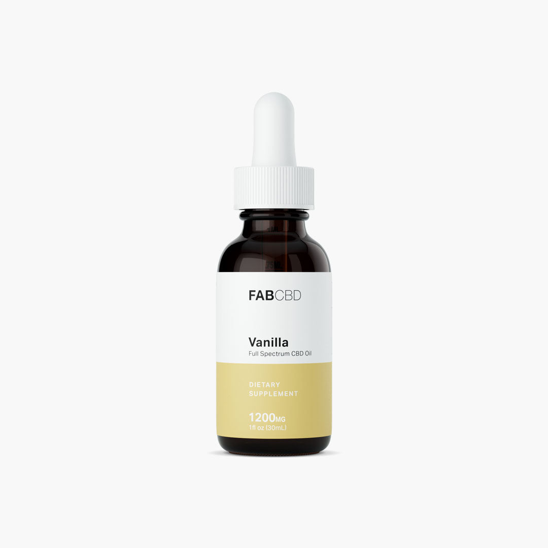 Centered front view of the CBD Oil bottle labeled "FABCBD CBD Oil," showing a dark glass dropper bottle with a white ribbed cap and minimalist white and pale gold label.