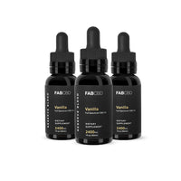 Front-facing trio of FABCBD CBD Oil 2400mg vanilla bottles with black dropper caps arranged against a white background.