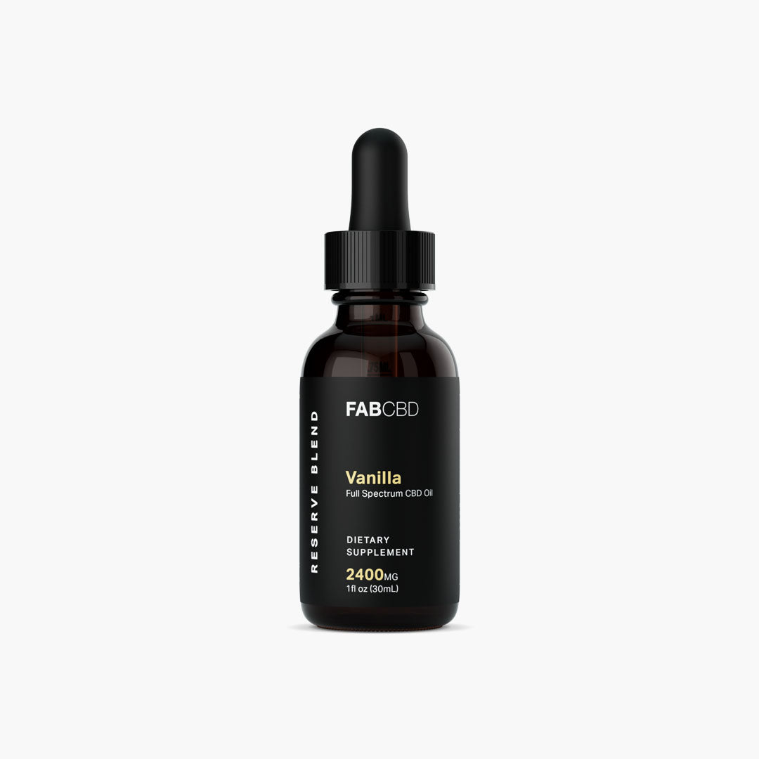 Centered front view of the CBD Oil bottle labeled "FABCBD CBD Oil" with a black dropper cap against a white background.