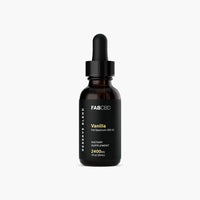 Centered front view of the CBD Oil bottle labeled "FABCBD CBD Oil" with a black dropper cap against a white background.