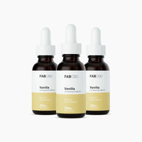 Front-facing trio of FABCBD CBD Oil vanilla bottles with white droppers and pale yellow labels against a white background