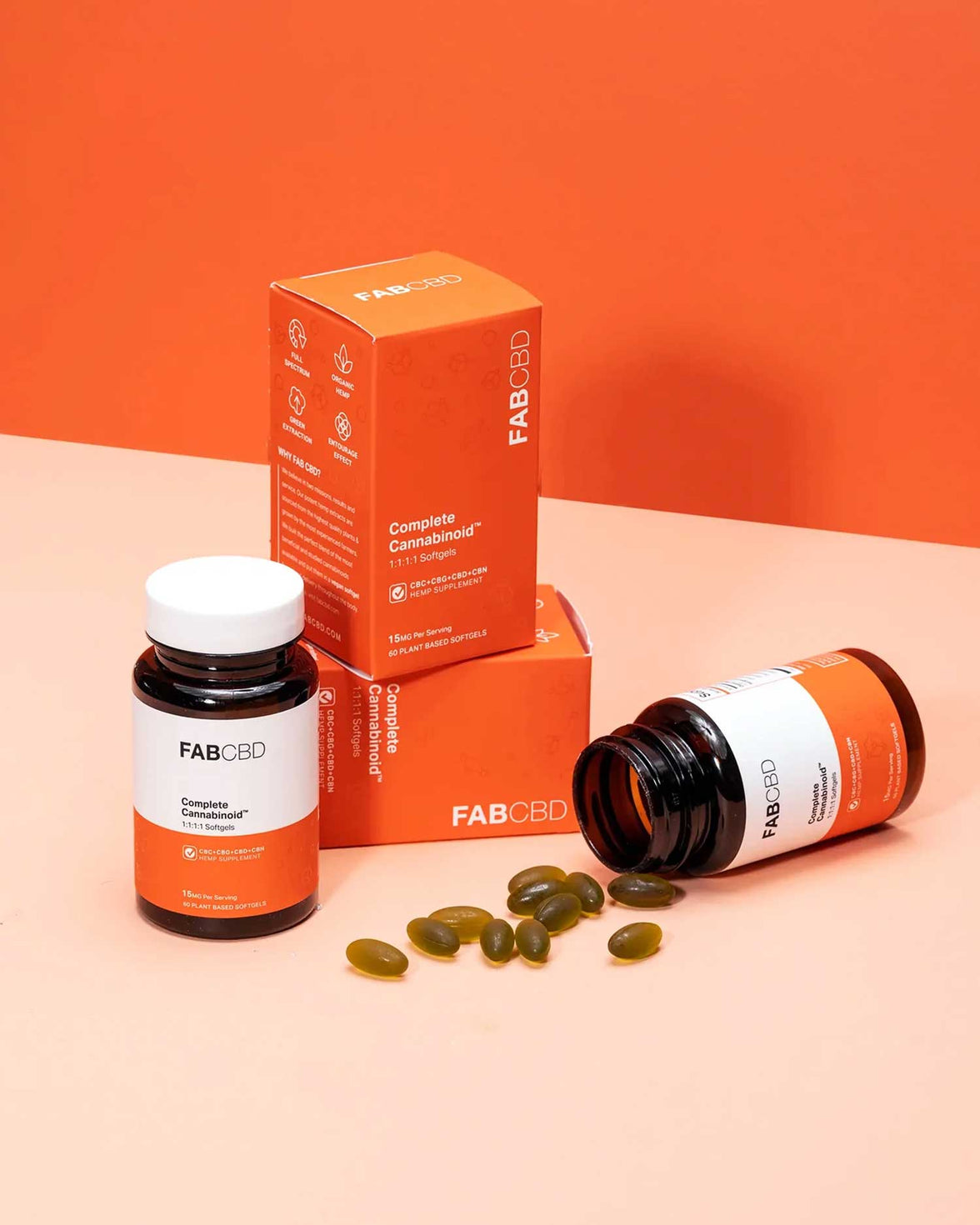A product display for FAB CBD Complete Cannabinoid™ 1:1:1:1 Softgels on an orange background. Two orange packaging boxes are stacked behind an upright bottle and a bottle tipped on its side with dark green softgels spilled out. The packaging displays key specifications: a CBC+CBG+CBD+CBN hemp supplement formula, 15MG per serving, and 60 plant-based softgels.