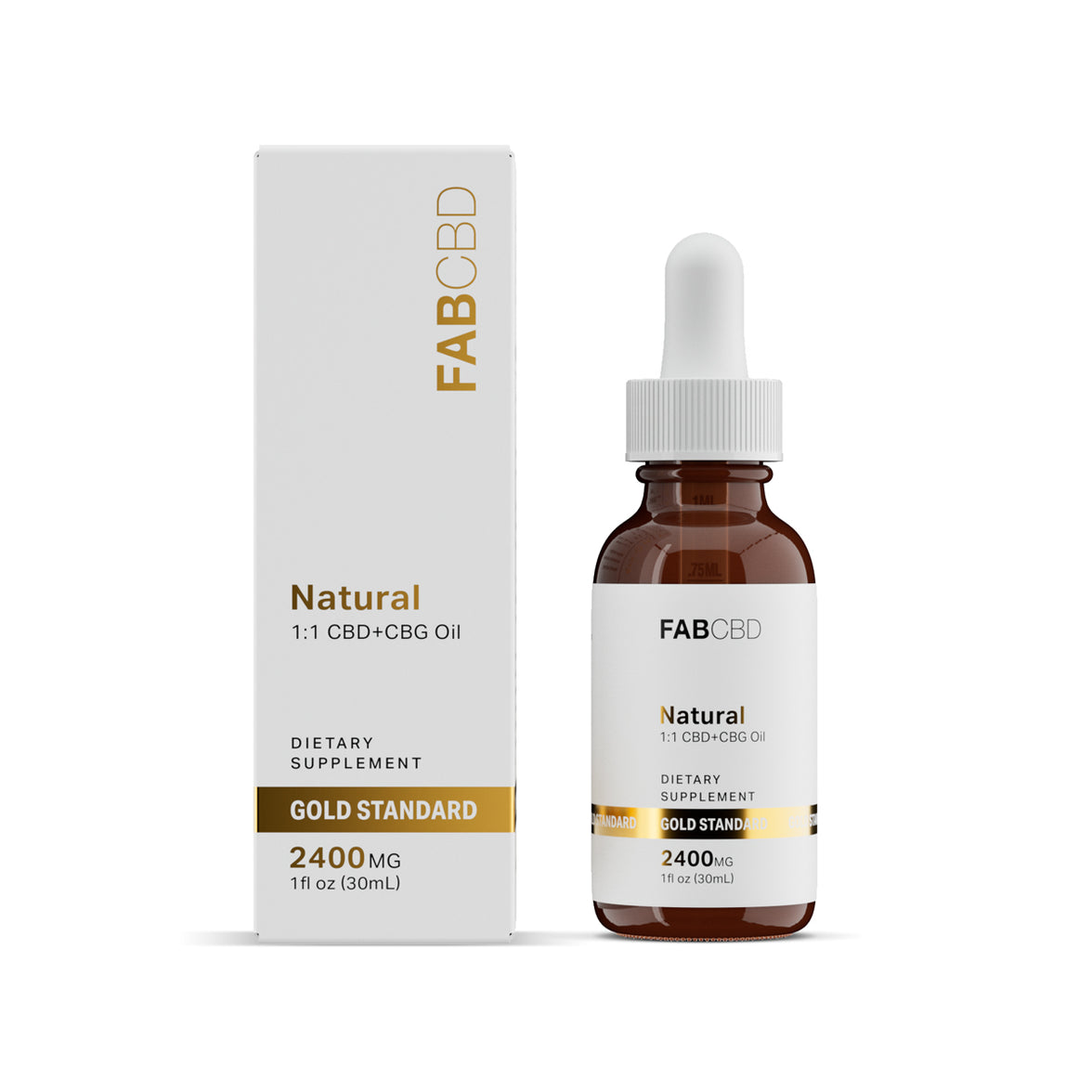 An amber dropper bottle of FAB CBD Natural 1:1 CBD+CBG Oil dietary supplement standing next to its white cardboard packaging box. Both the bottle label and the front of the box display the product specifications "2400MG" and "1 fl oz (30mL)" beneath a gold "Gold Standard" banner, set against a solid white background.