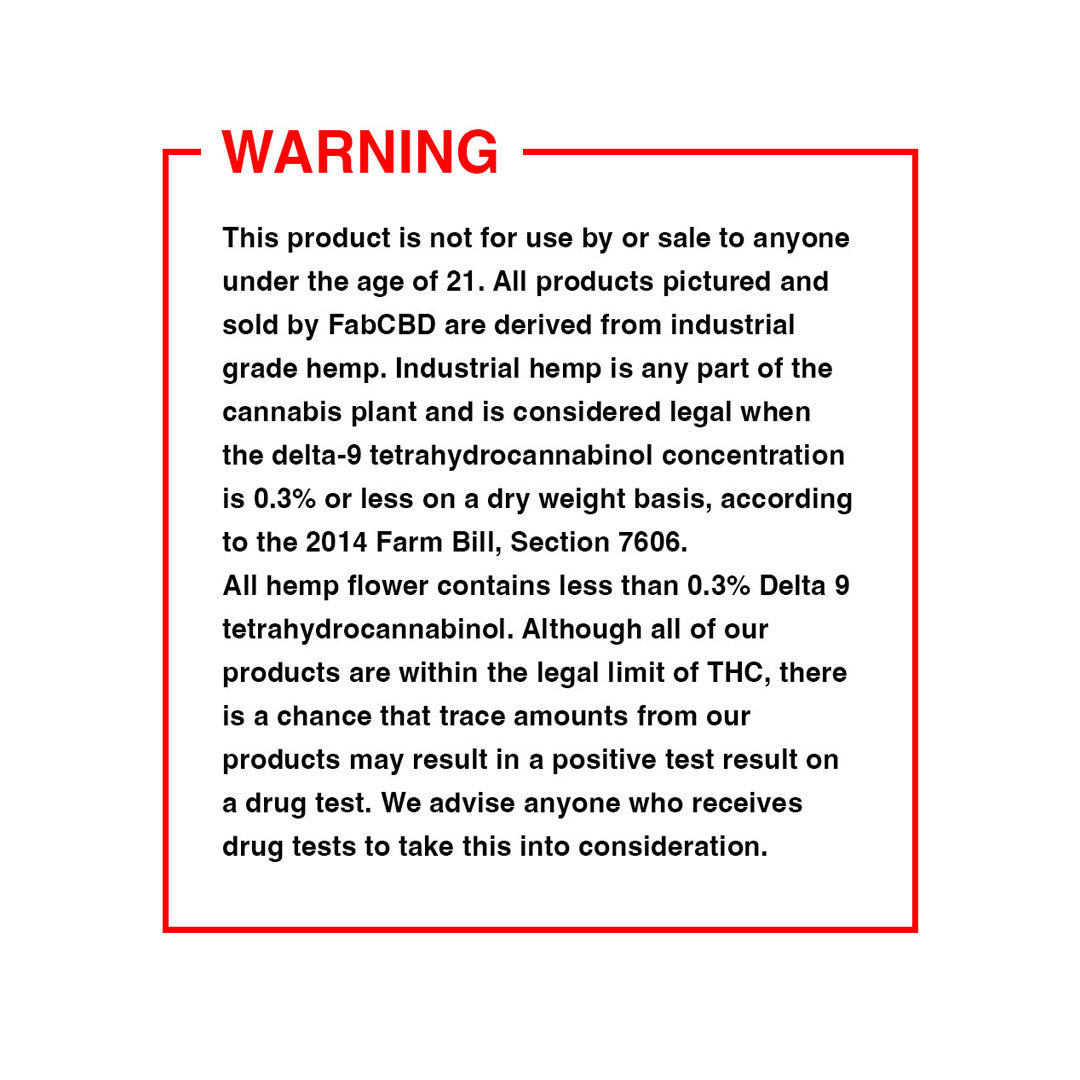 Square warning label with bold red "WARNING" at top and black legal text about Delta 9 products, labeled "Delta 9 Gummies."