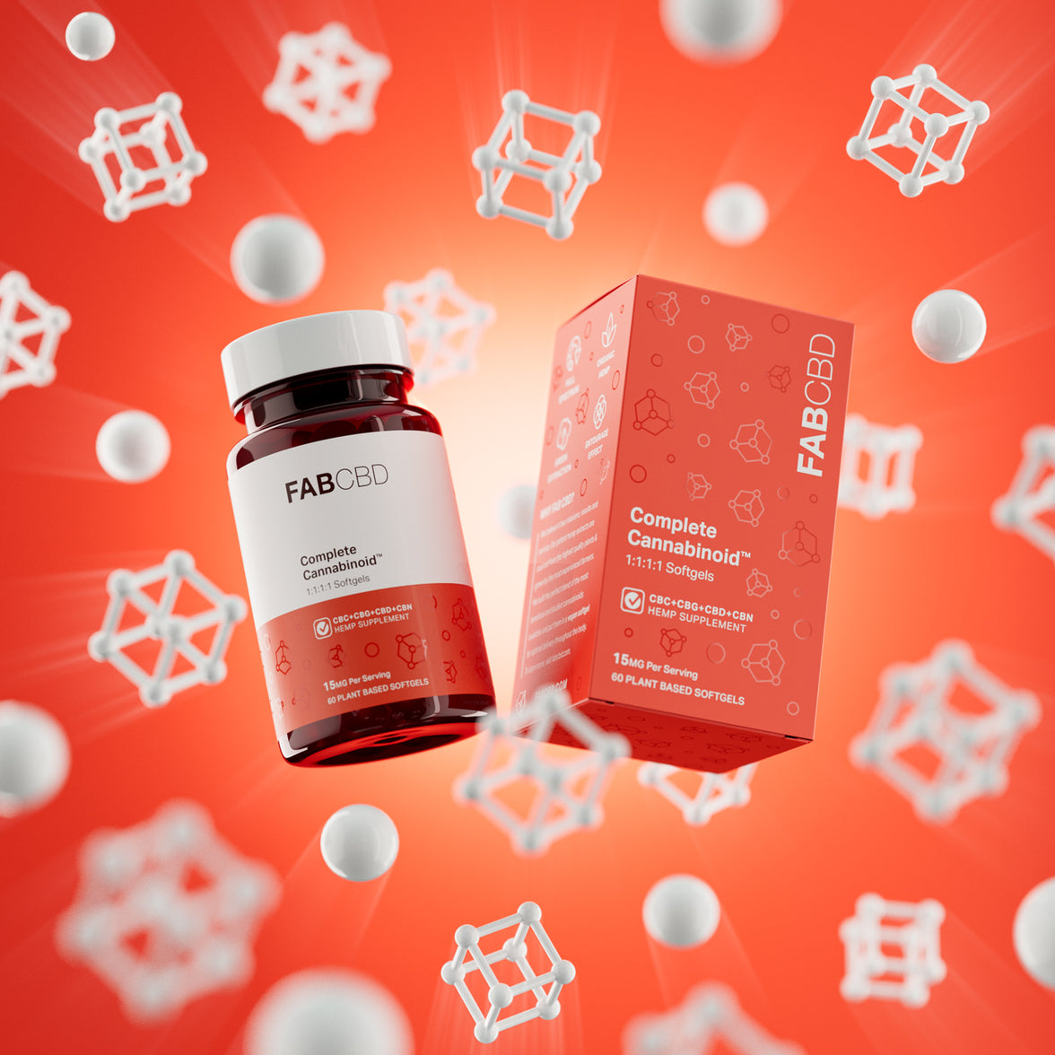 A dynamic product graphic featuring a FAB CBD Complete Cannabinoid™ 1:1:1:1 Softgels amber glass bottle and its matching bright orange cardboard packaging box floating at an angle. The products are surrounded by floating white spheres and 3D molecular structure models against a vibrant red-orange background. Both items clearly display key product specifications: "CBC+CBG+CBD+CBN HEMP SUPPLEMENT," a potency of "15MG Per Serving," and a count of "60 PLANT BASED SOFTGELS."