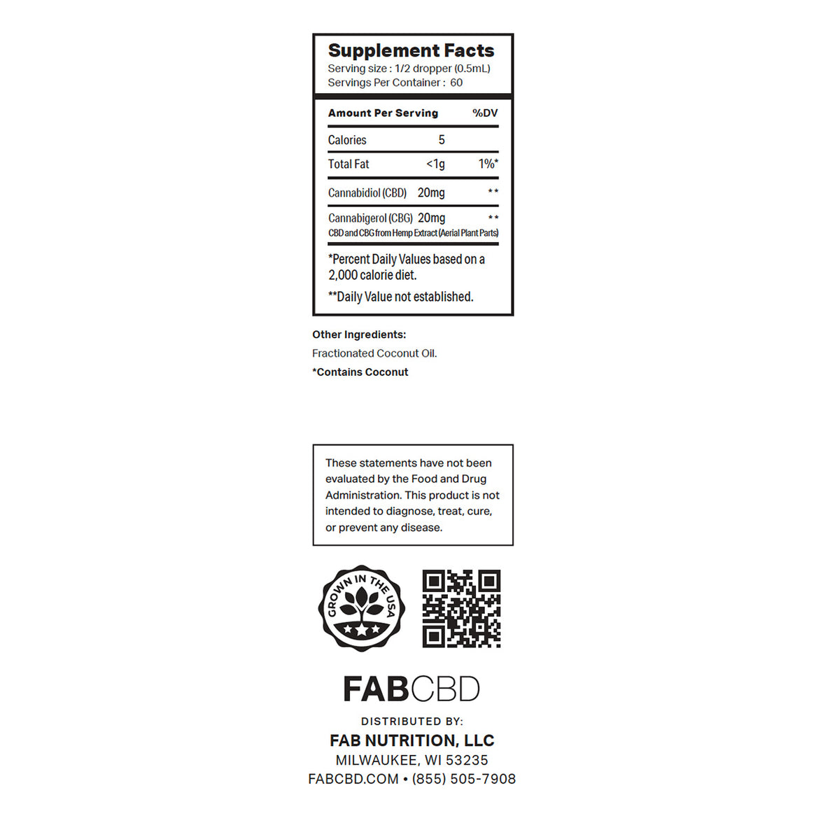 Supplement facts label for a FABCBD tincture showing 1/2 dropper (0.5ml) serving size with 60 servings per container, featuring Cannabidiol (CBD) 20mg and Cannabigerol (CBG) 20mg per serving, with Fractionated Coconut Oil as the only other ingredient, distributed by FAB Nutrition LLC, Milwaukee, WI.