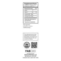 Supplement facts label for a FABCBD tincture showing 1/2 dropper (0.5ml) serving size with 60 servings per container, featuring Cannabidiol (CBD) 20mg and Cannabigerol (CBG) 20mg per serving, with Fractionated Coconut Oil as the only other ingredient, distributed by FAB Nutrition LLC, Milwaukee, WI.
