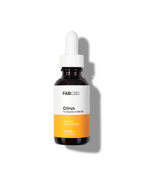 Front-facing studio shot of a brown glass bottle with white dropper labeled "FAB CBD CBD Oil" casting a soft shadow on white.