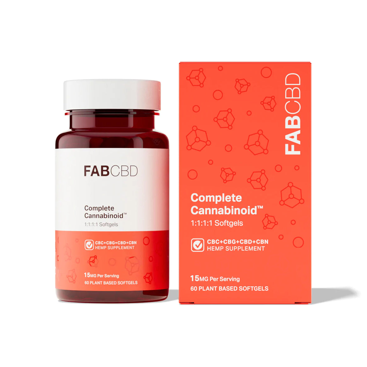 FAB CBD Complete Cannabinoid 1:1:1:1 Softgels, showing an amber bottle with a white cap and red-and-white label next to a matching coral red box with molecular structure illustrations, both displaying 'CBC+CBG+CBD+CBN Hemp Supplement, 15mg Per Serving, 60 Plant Based Softgels,' on a white background.