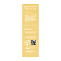 Tall, centered label shot of CBD Oil showing white supplement facts, ingredient block, FABCBD logo and QR code on a pale yellow background