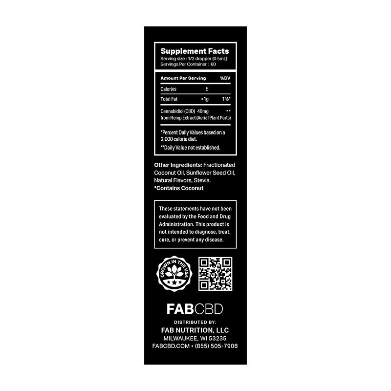 Vertical black label close-up showing supplement facts and warnings for the CBD Oil with "FABCBD" brand logo and QR code at the bottom.