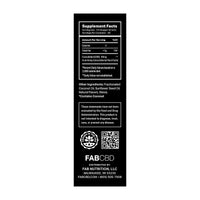 Vertical black label close-up showing supplement facts and warnings for the CBD Oil with "FABCBD" brand logo and QR code at the bottom.