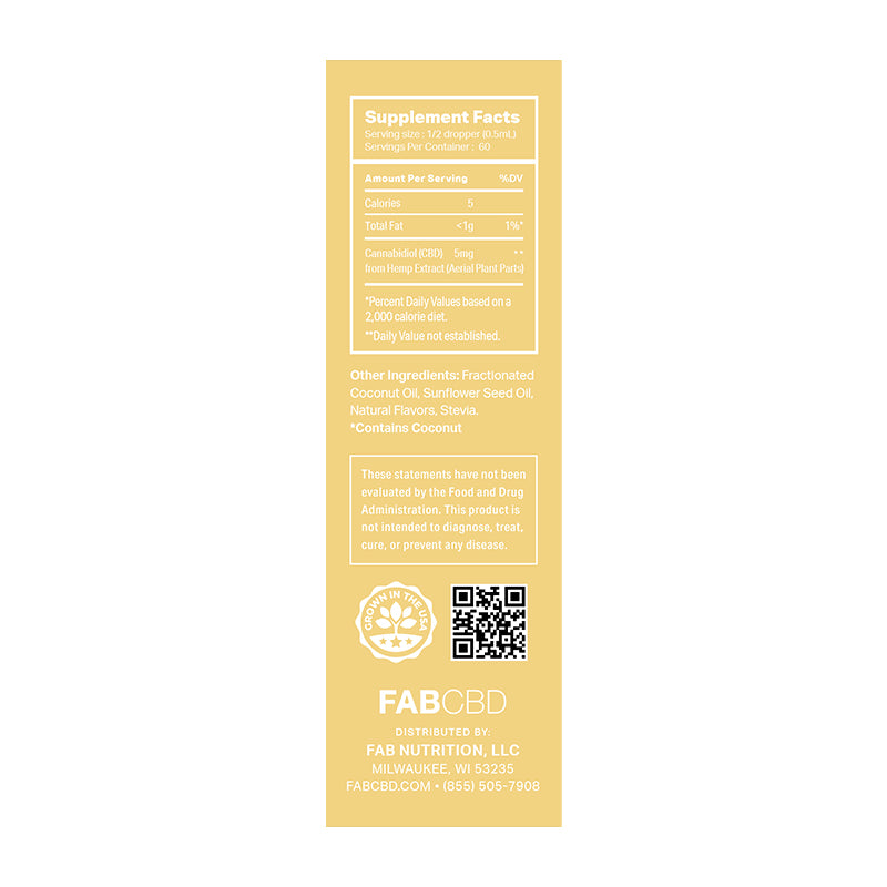Vertical close-up of the yellow product label for CBD Oil showing Supplement Facts, a QR code, and the FABCBD branding at the bottom.